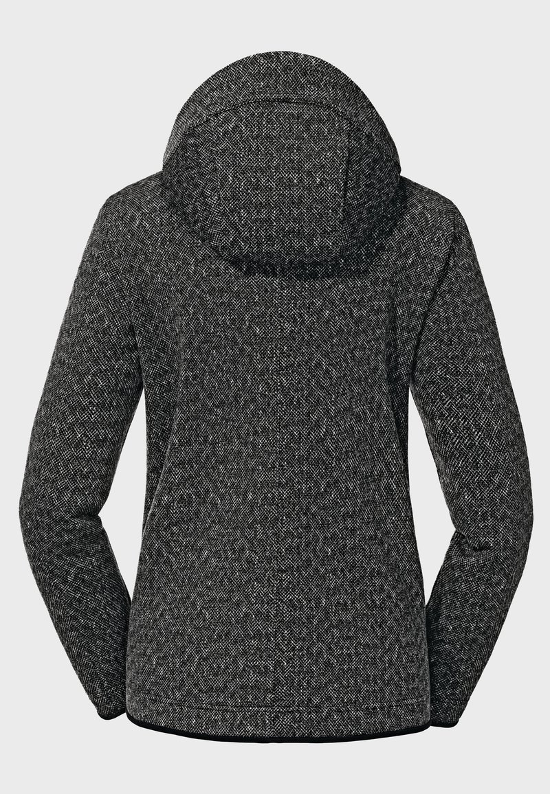 Giacca con cappuccio nera e grigia a motivo, dotata di un tessuto strutturato, una forma attillata e maniche lunghe, progettata per calore e comfort.