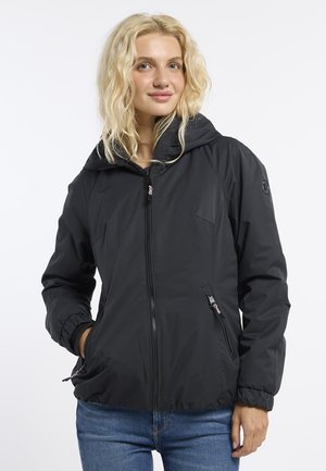 Black hooded jacket with a zip front, elastic cuffs, and two side pockets. Made of smooth, lightweight fabric; minimal design features.