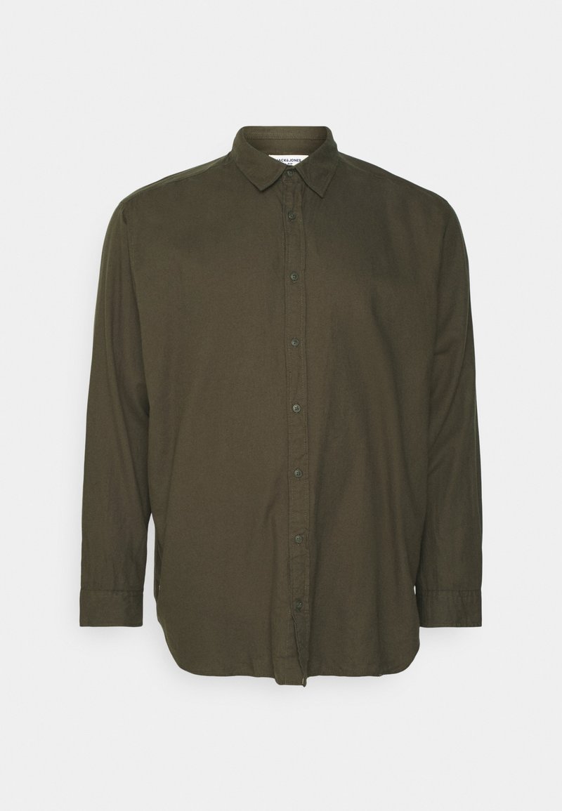 Chemise à manches longues vert olive avec boutons et col, présentée de face sur un fond clair uni.