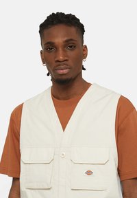 Gilet beige chiaro con due tasche frontali, chiusura a bottoni e dettagli del logo. Indossato sopra una maglietta marrone, con un design a scollo a V.
