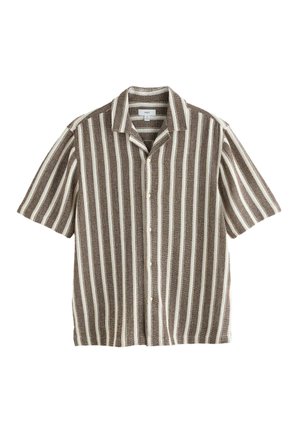 Camicia a maniche corte con bottoni, a righe verticali marroni e bianche, collo piatto, taglia media, tessuto strutturato.