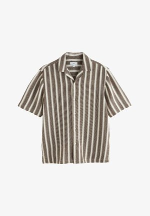 Camicia a maniche corte con bottoni, a righe verticali marroni e bianche, collo piatto, taglia media, tessuto strutturato.