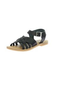 Sandale en cuir noir avec un design tissé, sangle de cheville réglable, semelle beige clair et coutures détaillées le long des bords.