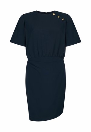 Dunkel marineblaues Kurzarmkleid mit tailliertem Schnitt, rundem Ausschnitt und drei goldenen Zierknöpfen auf der linken Schulter.