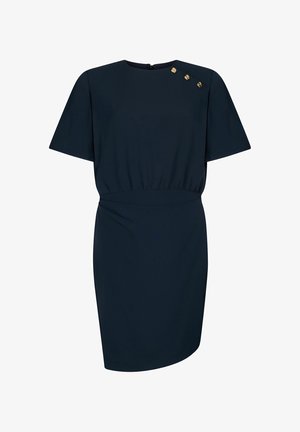 Dunkel marineblaues Kurzarmkleid mit tailliertem Schnitt, rundem Ausschnitt und drei goldenen Zierknöpfen auf der linken Schulter.