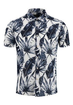 Korte mouw knoopshirt in het wit met een blauw tropisch bladmotief. Kenmerkt zich door een klassieke kraag en een lichte textuurstof.