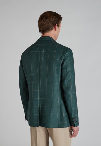 Błękitno-zielona marynarka w kratę z dopasowanym krojem, klapami typu notch i zapięciem na dwa guziki. Materiał ma teksturowane wykończenie; zawiera regulowane mankiety.