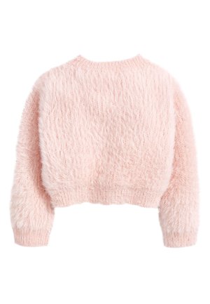 Donkerroze gebreid cropped sweatertje met lange mouwen en een ribgebreide halslijn. Zachte textuur en losse pasvorm. Geschikt voor casual wear.