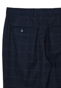 Navyblaue karierte Hose aus strukturiertem Stoff, schlanke Passform, zwei Gesäßtaschen und einreihiger Knopfverschluss mit kontrastierender Naht.