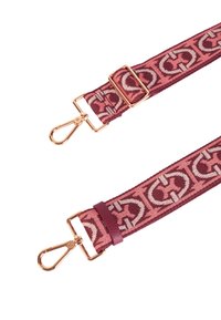 Cinghia in tessuto intrecciato bordeaux e crema, con un motivo geometrico. L'hardware e le clip in tonalità oro ai due estremi ne migliorano la funzionalità.