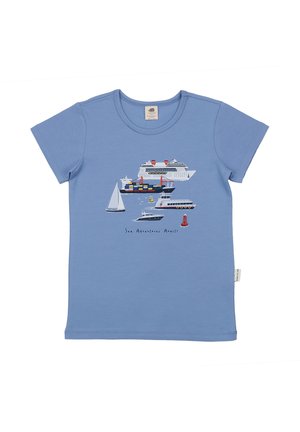 Light blue t-shirt with illustrations of a cruise ship, cargo ship, sailboat, motorboat, and buoy, text reading "Sea Adventures Await!"