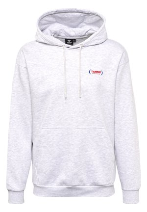 Hellgrauer Hoodie mit Kordelzugkapuze, Kängurutasche und gerippten Bündchen. Mit einem roten und blauen gestickten Logo auf der Brust.