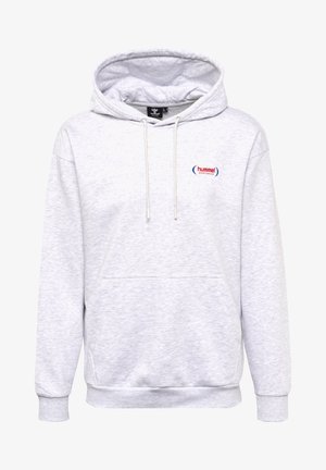 Hellgrauer Hoodie mit Kordelzugkapuze, Kängurutasche und gerippten Bündchen. Mit einem roten und blauen gestickten Logo auf der Brust.