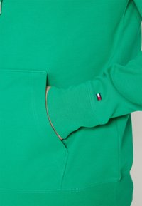 Grüner Sweatshirt mit einer Fronttasche, gerippten Bündchen und einem kleinen dreifarbigen Logo am Ärmel. Hergestellt aus weichem Stoff mit einer glatten Textur.