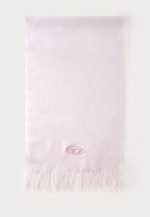 Écharpe rectangulaire rose clair avec des bords frangés et un petit logo brodé près d'une extrémité.