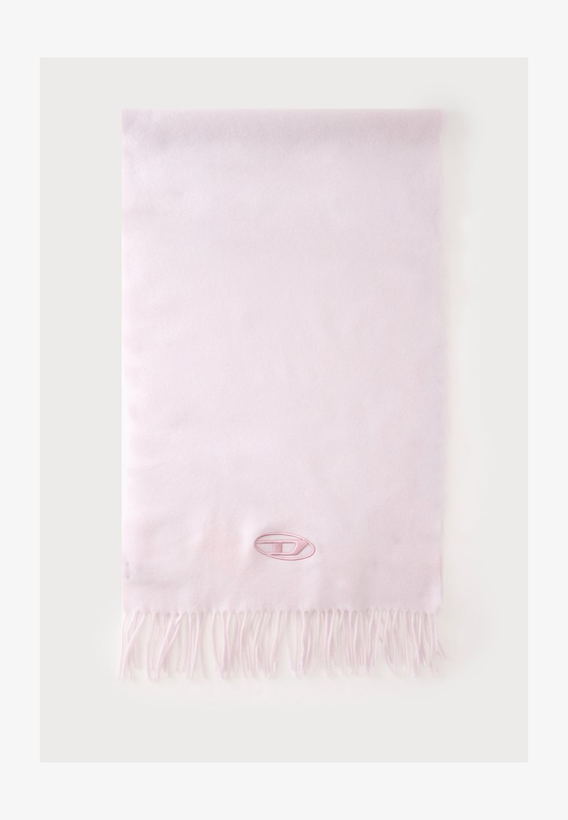Écharpe rectangulaire rose clair avec des bords frangés et un petit logo brodé près d'une extrémité.