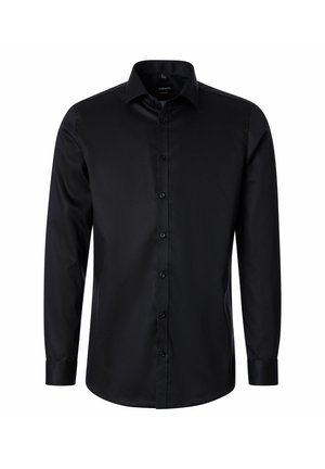 Schwarzes Herrenhemden mit langen Ärmeln, Knopfleiste vorne und klassischem Kragen, vor einfachem weißem Hintergrund dargestellt.