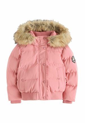 Pink puffer jacket with a fur-lined hood, snap button front closure, two front pockets, and a mountain logo patch on the sleeve.