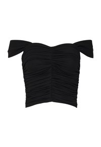 Mustapaitainen, olkaimeton crop-top, joka on valmistettu rypistetyistä kangasmateriaaleista. Siinä on kerroksellinen pinta ja leveät hihat, jotka luovat hyvin istuvan siluetin.