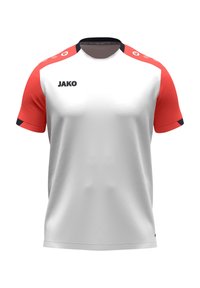Weißes Sporttrikot mit kurzen roten Ärmeln und schwarzen Akzenten. Verfügt über einen Rundhalsausschnitt, das "JAKO"-Logo auf der Vorderseite und einen glatten, leichten Stoff.