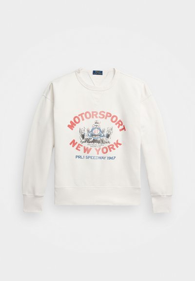 Witte sweatshirt met geribbelde manchetten en onderrand. Bevat een kleurrafische afbeelding met "MOTORSPORT NEW YORK" en een racedesign. Klassieke crewneck stijl.