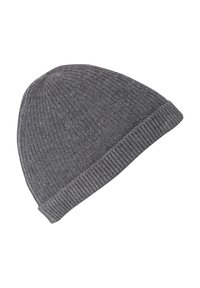Gray knit beanie hat with a ribbed texture and a folded brim. Made of soft fabric, it has a close-fitting round shape.