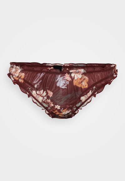 Floral-patterned burgundy lingerie with ruffled edges, featuring a sheer, lightweight fabric and a contrasting waistband.