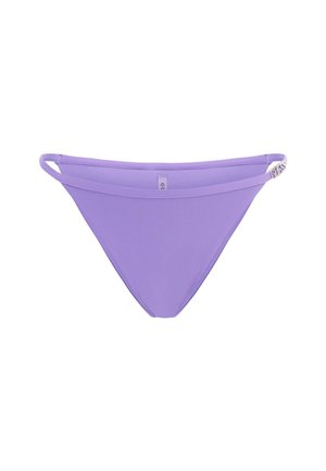 Purple bikini bottom with a smooth texture, low-rise design, and thin side straps. Features a subtle logo tag on the back.