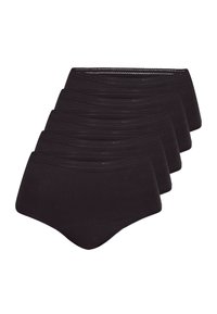 Cinq paires de culottes en coton noir présentant une texture lisse, un design à couverture complète et une ceinture élastique avec un bord décoratif.