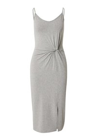 Graues ärmelloses Kleid aus weichem, dehnbarem Stoff. Mit einem geknoteten Detail in der Taille und einem seitlichen Schlitz für zusätzlichen Stil.