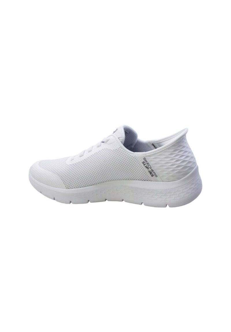 White athletic shoe with a breathable mesh upper, textured heel, and smooth sole. Features laces and logo detail on the side.