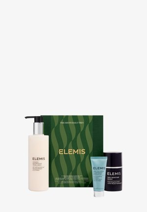 Coffret soin pour homme Elemis avec gel nettoyant visage resurfaçant dynamique, exfoliant pro-collagène éclat booster, lotion hydratante quotidienne et boîte d'emballage verte.