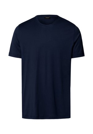 Navy blue cotton t-shirt with short sleeves, round neckline, and a smooth, even texture. No visible patterns or accents.