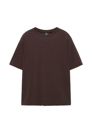 T-shirt à col rond à manches courtes, coupe décontractée, de couleur marron foncé uni, présenté sur un fond blanc.