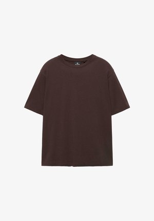 T-shirt à col rond à manches courtes, coupe décontractée, de couleur marron foncé uni, présenté sur un fond blanc.