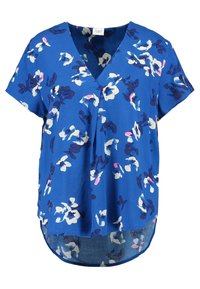 Blue floral short-sleeve blouse featuring a V-neck, lightweight fabric, and a high-low hem with scattered white, navy, and pink flower patterns.