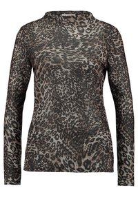 Långärmad topp i ett genomskinligt, lätt tyg med ett svart och brunt leopardmönster och rundad halsringning.