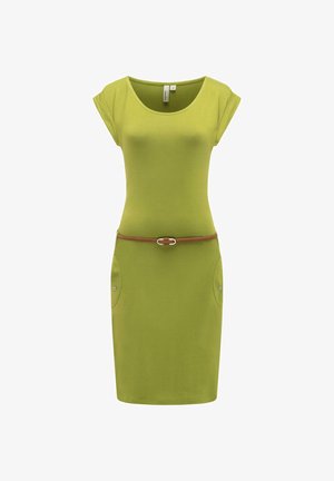 Grünes, kurzärmeliges Kleid knielang mit rundem Ausschnitt, Seitentaschen mit Knöpfen und dünnem braunem Gürtel mit silberner Schnalle in der Taille.