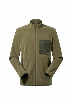Olivgrüne Fleecejacke mit Stehkragen, durchgehendem Reißverschluss und einer Reißverschlusstasche auf der Brust. Verfügt über seitliche Taschen und kontrastierende Stoffakzente.
