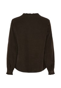 Mørkebrun langærmet kordfløjlsbluse med flæsekrave og knapmansjetter, vist fra bagsiden på hvid baggrund.