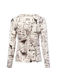 Langsleeve top in een lichtgewicht stof met een monochrome stads schets patroon. Ronde hals en aansluitend ontwerp met minimale stikdetails.