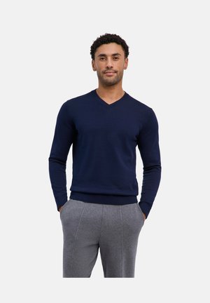 Mann steht mit den Händen in den Taschen, trägt einen marineblauen V-Ausschnitt-Pullover und graue Hosen vor einem schlichten weißen Hintergrund.