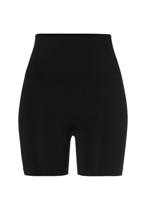 Zwarte high-waisted shorts gemaakt van rekbaar materiaal. Bevat een brede elastische tailleband en een aansluitend ontwerp met een soepele textuur.
