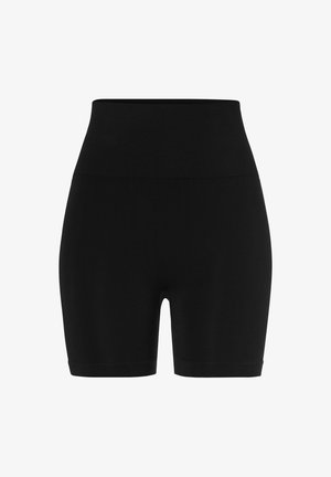 Shorts negros de cintura alta hechos de un material elástico. Presentan una cinturilla elástica gruesa y un diseño ajustado con una textura suave.