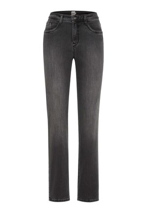 Rechstreeks gesneden donkergrijze jeans met zijzakken, riemlussen en een knoopsluiting op een witte achtergrond.
