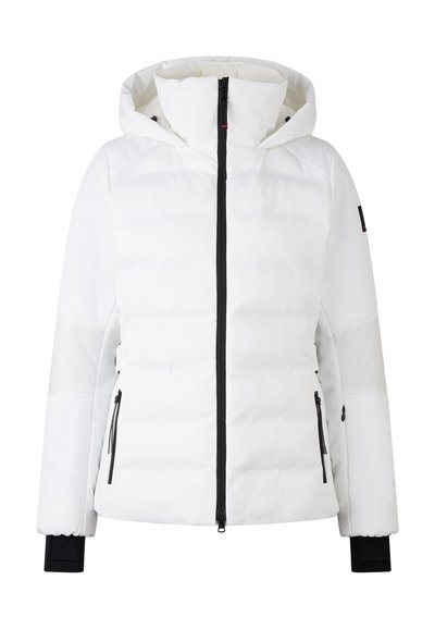 Biała kurtka puchowa z kapturem, z zamkiem błyskawicznym z przodu, czarnymi akcentami, kieszeniami bocznymi oraz elastycznymi mankietami dla pewnego dopasowania.