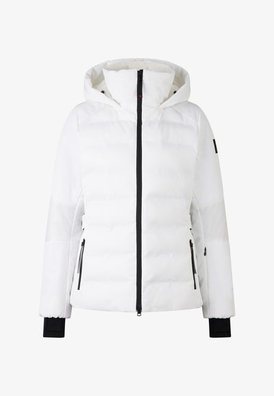 Biała kurtka puchowa z kapturem, z zamkiem błyskawicznym z przodu, czarnymi akcentami, kieszeniami bocznymi oraz elastycznymi mankietami dla pewnego dopasowania.