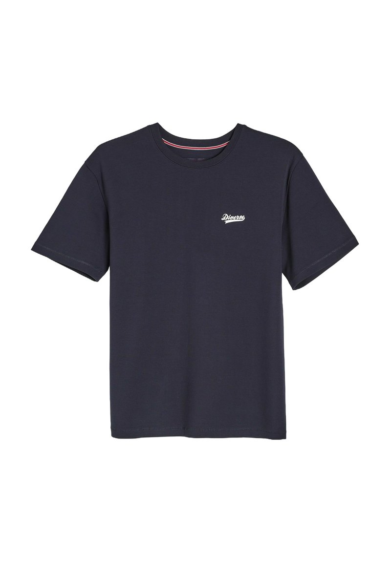 Niebieska koszulka bawełniana z krótkimi rękawami, prążkowany okrągły dekolt i białe logo na lewej piersi. Gładka tekstura, luźny krój.