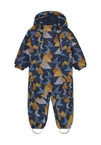 Vattentät snälldräkt för barn med huva, i marinblått med geometriska mönster i gult, blått och grått, elastiska ärmslut och fotremmar.