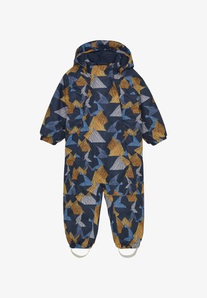 Wasserdichter Kinder-Schneeanzug mit Kapuze, ausgestattet mit einem marineblauen Hintergrund und geometrischen Mustern in Gelb, Blau und Grau, elastischen Bündchen und Fußriemen.